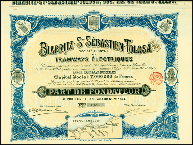 Ein altes Wertpapierzertifikat mit schwarzem Rand, das einen Mann in Anzug und Krawatte zeigt, sowie Text, der darauf hinweist, dass es sich um eine Anleihe handelt.