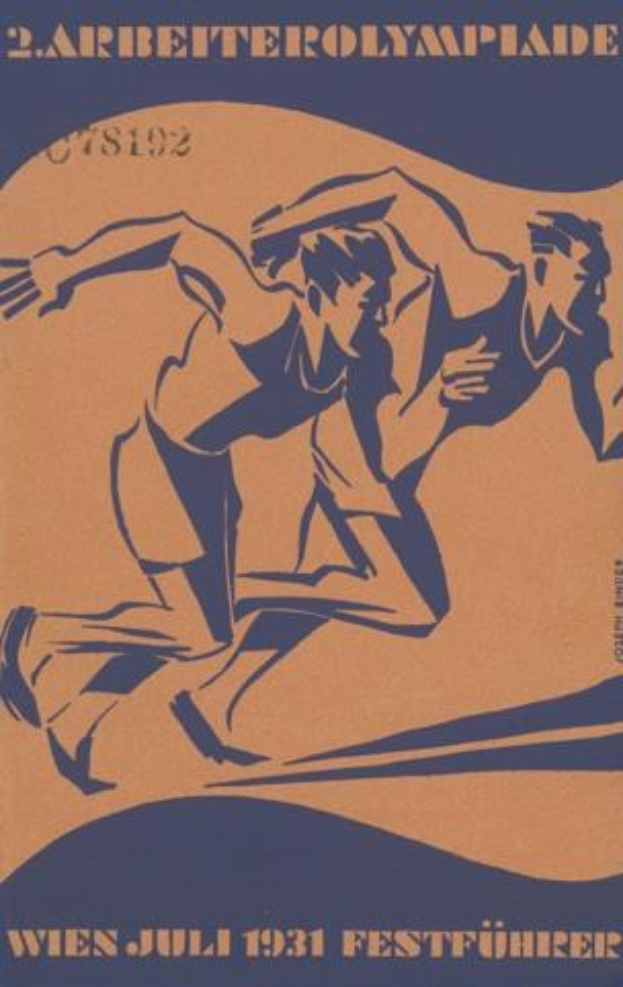 Plakat für die Olympischen Spiele 1932 in Berlin mit zwei Läufern im Vordergrund und Textdetails.