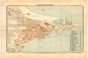 Ein detaillierter alter Stadtplan von Helsinki, Finnland, mit Text, der einen ├╝berblick ├╝ber das Gebiet gibt.