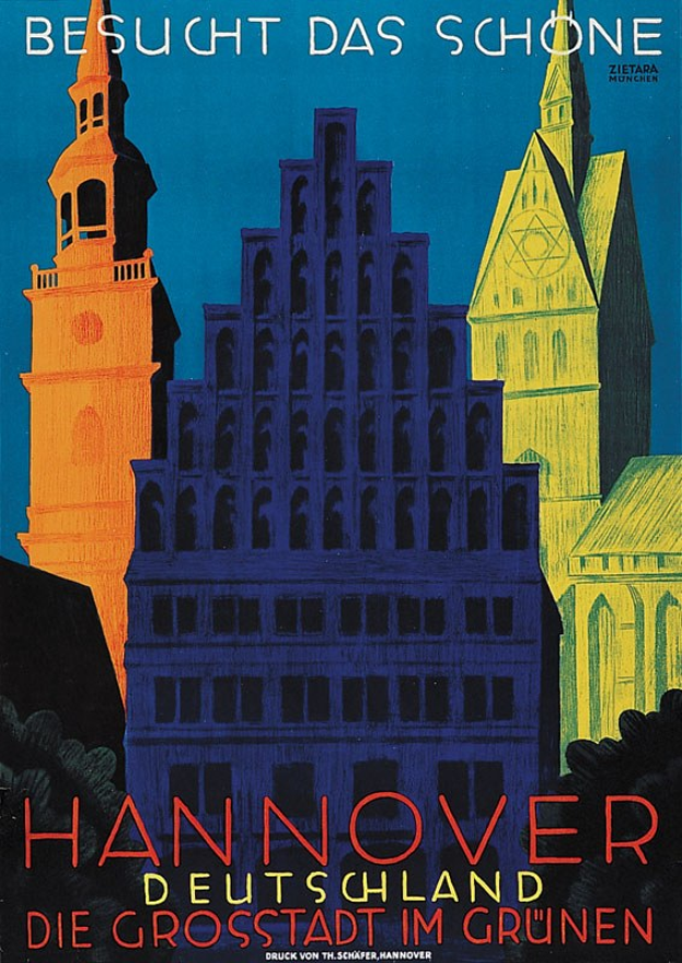 Plakat bewirbt Hannover, Deutschland, mit Bildern von Gebäuden und Bäumen und Text, der Stadtinformationen bereitstellt.