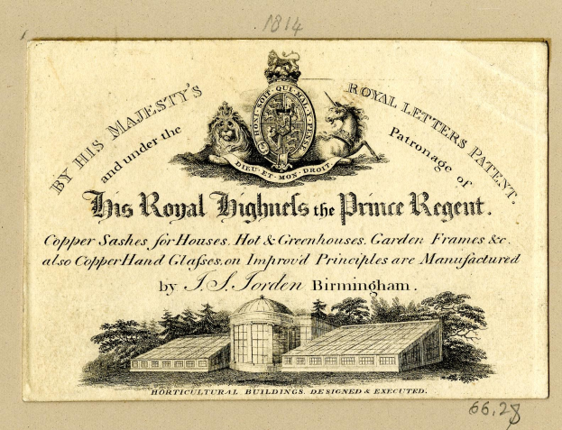 Alte Visitenkarte mit der Aufschrift "The Royal Highmills of the Prince Regent" und einer Abbildung eines Gebäudes und Bäume.