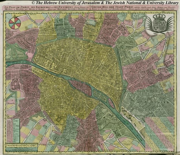 Ein alter Stadtplan von Jerusalem in einem Photo-Rahmen, mit der Hebr├Ąischen Universit├Ąt Jerusalem und der j├╝dischen National- und Universit├Ątsbibliothek beschriftet.