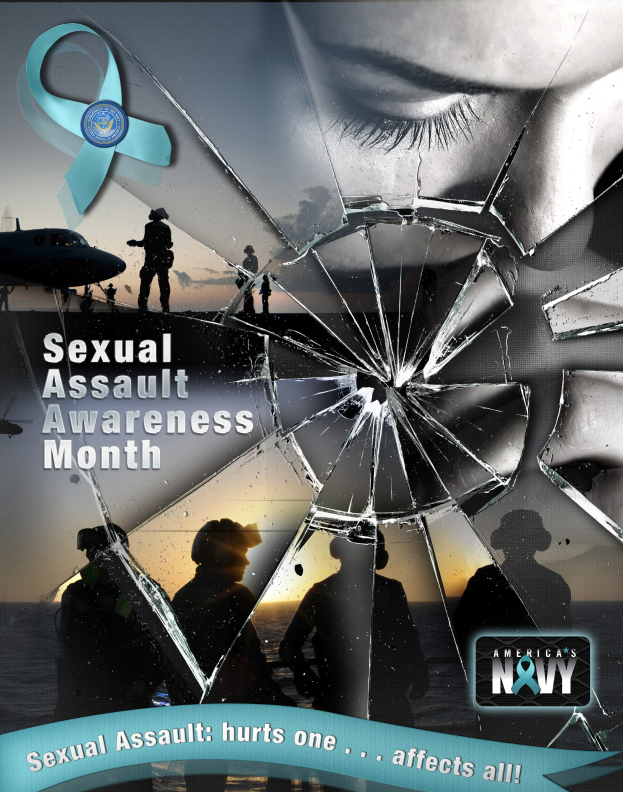 Ein Plakat zum Sexual Gewalt Awareness Month mit einem gebrochenen Glas umgeben von Silhouetten von Menschen, einem Flugzeug und Wasser, mit einem Logo unten.