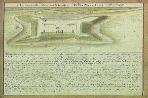 Ein alter Stadtplan von Stuttgart, Deutschland, mit einer zentralen Illustration eines Schlosses und beschreibendem Text zu seiner Größe, Lage und anderen Merkmalen.