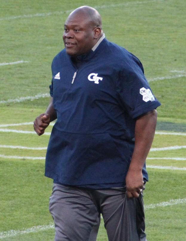 Ein Mann in einem blauen Hemd und grauen Hosen steht auf einem grünen Feld, lächelt mit einem selbstbewussten und entschlossenen Ausdruck, wirkt wie ein Fussballtrainer.