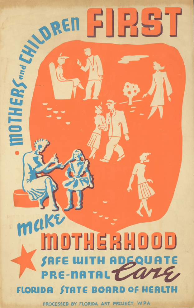 Plakat mit der Aufschrift "Mutterschaft sicher machen mit ausreichender Vorsorge" auf hellblauem Hintergrund, mit verschiedenen lächelnden Menschen und fetter weißer Schrift.