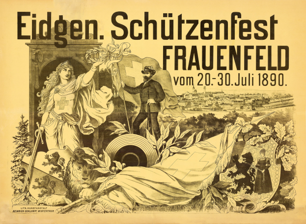 Plakat für das Eidgenössische Schützenfest in Frauenfeld, Deutschland, das einen formell gekleideten Mann und eine Frau zeigt, die nebeneinander stehen, mit Ereignisinformationen im Text.