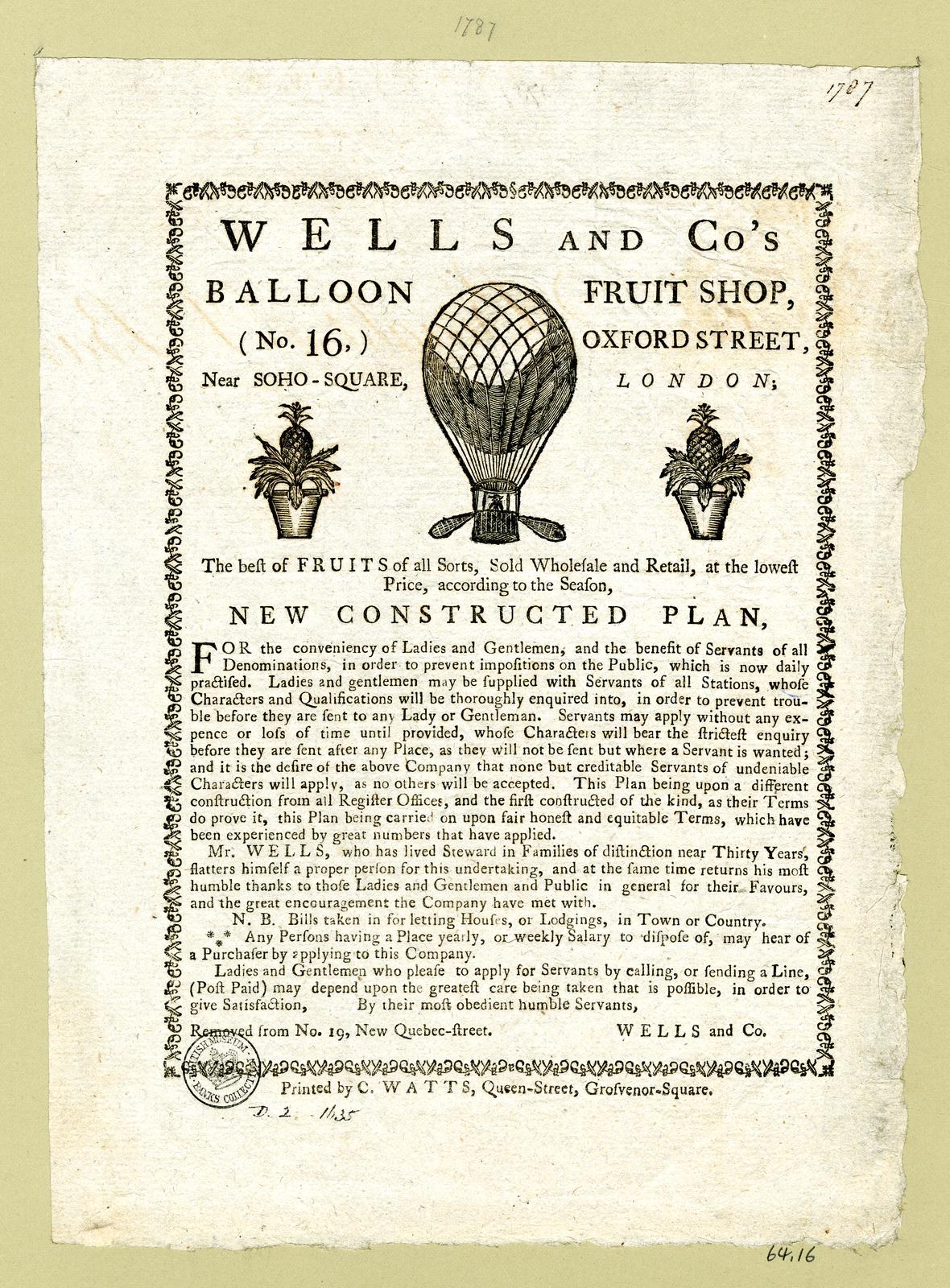 Schwarze und weiße Anzeige für Wells and Co's Balloon Fruit Shop auf der Oxford Street, London, mit Text, der das Obstangebot des Ladens beschreibt.