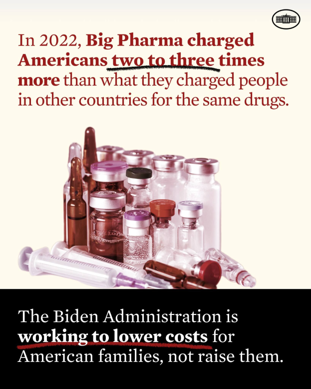 Plakat, das zeigt, dass Big Pharma im Jahr 2022 Amerikaner zwei bis drei Mal so viel für dieselben Medikamente berechnet hat wie in anderen Ländern, mit Bildern von Medikamentenflaschen und einer Spritze darunter.