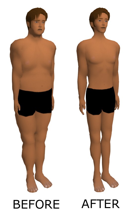 Zwei nebeneinanderliegende Illustrationen eines animierten Mannes in schwarzen Shorts, die seinen Körper vor und nach dem Gewichtsverlust zeigen, auf einem weißen Hintergrund mit Text.