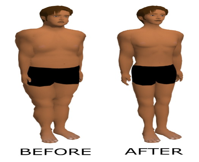 Zwei nebeneinanderliegende Illustrationen eines animierten Mannes in schwarzen Shorts, die seinen Körper vor und nach dem Gewichtsverlust zeigen, auf einem weißen Hintergrund mit Text.