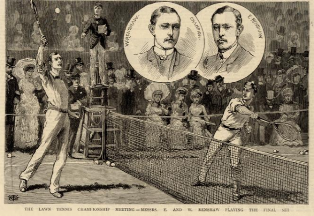 Eine Schwarz-Weiß-Zeichnung von zwei Männern, die Tennis auf einem Court mit Netz spielen, und Zuschauern im Hintergrund, mit Text unten: "The Lawn Tennis Championship Meeting - Messers, E und W Renshaw spielen das entscheidende Spiel."