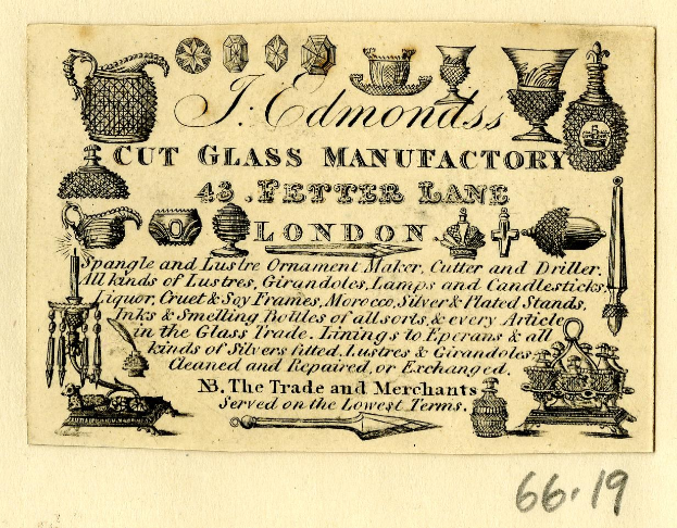 Anzeige für eine Glasfabrik in London, England, mit Text und Bildern von Glasobjekten und Manufacturing-Tools.