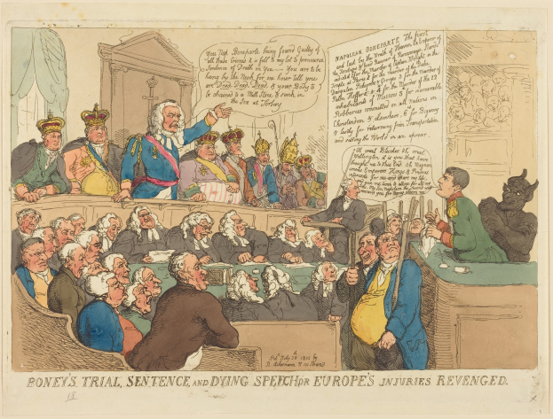 Cartoon-Illustration einer Gerichtsszene mit einem stehenden Mann in der Mitte, sitzenden Personen, einem Tisch mit Gegenständen rechts und dem Text "Boney's Trial, Sentence, and Dying Speech Europe's Injuries Revenged" unten.