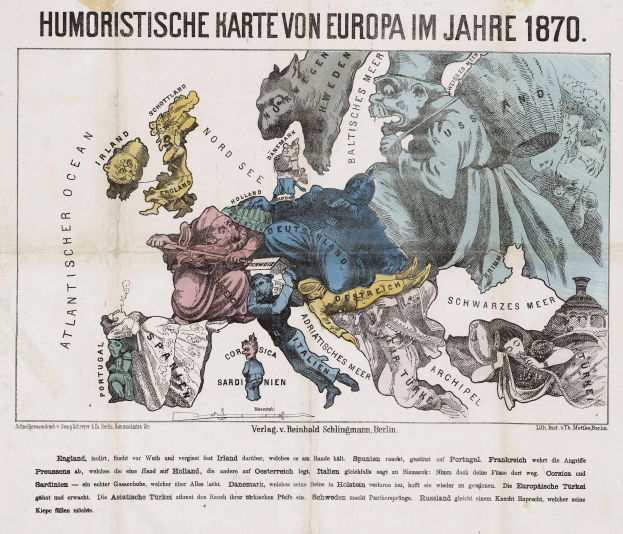 Plakat mit der Aufschrift 'Humoristische Karte von Europa im Jahre 1870' mit einer zentralen Europakarte umgeben von Cartoon-Illustrationen und Text.