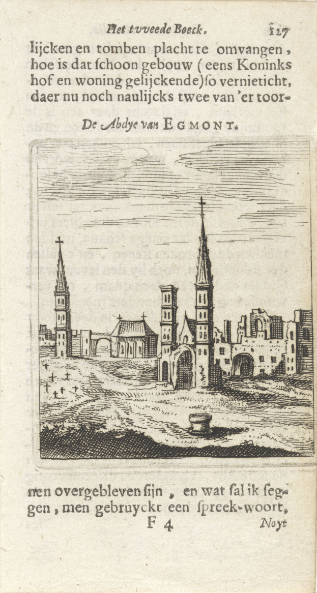 Ein altes Buch mit einer detaillierten Stadtansicht, die Gebäude und beschreibenden Text zeigt.