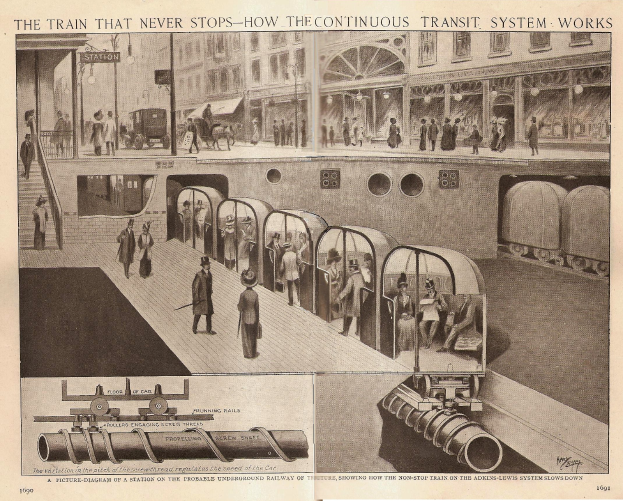 Eine Zeitung mit Bildern von Menschen, Zügen und anderen Gegenständen sowie dem Text "Der Zug, der nie aufhört - so funktioniert das ständige Transportsystem."