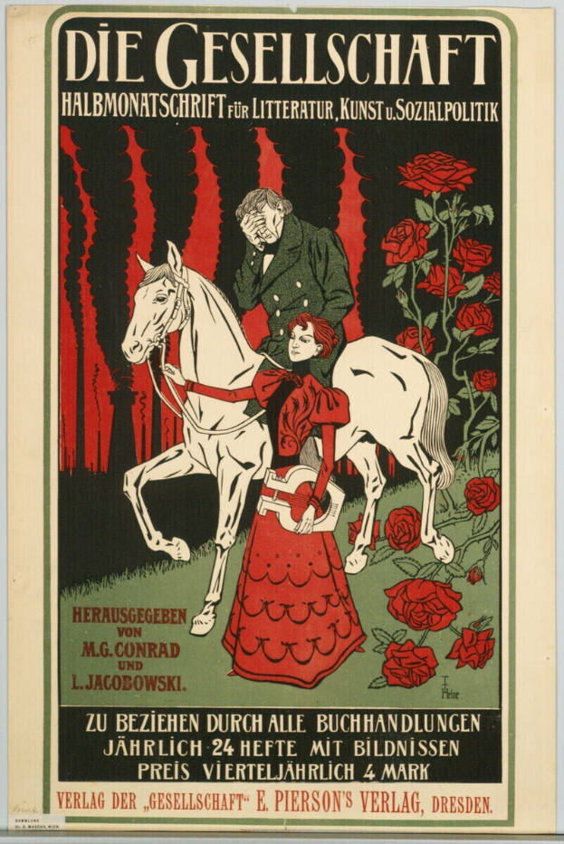 Ein deutsches Propagandaplakat mit einem Mann und einer Frau auf einem Pferd umgeben von Rosen, mit Text, der Informationen über ein Ereignis enthält.