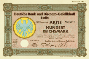 Alte deutsche Banknote mit einer Vogeldarstellung und dem Text "Deutsche Bank und Disconto-Gesellschaft Berlin".