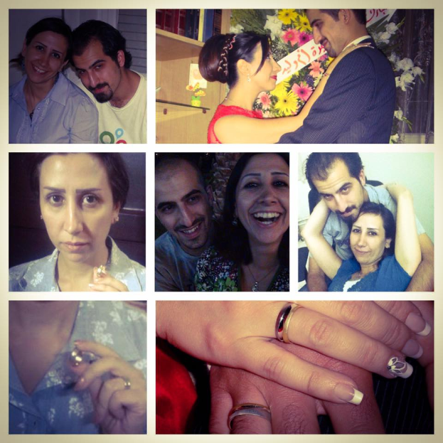 Eine Collage von Fotos, die einen Mann und eine Frau mit Eheringen an den Fingern zeigen, umgeben von Blumen und verschiedenen Gegenständen im Hintergrund.