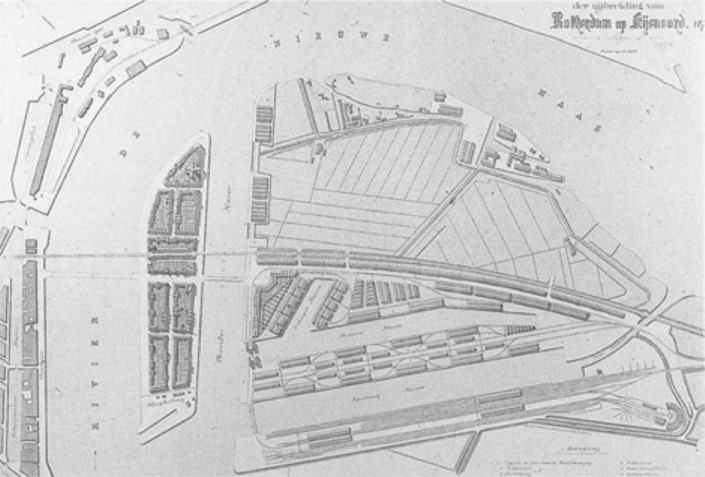 Schwarz-weißer Architekturplan einer Stadt mit zahlreichen Gebäuden, identifiziert als geplanter Standort des Royal Hospital in London, begleitet von handgeschriebenem Text.