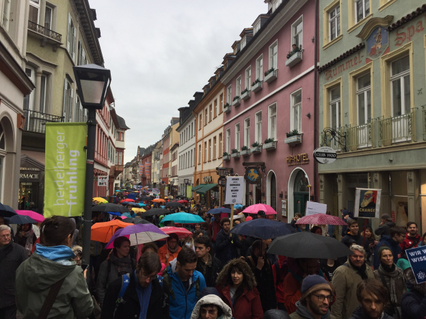 Große Gruppe von Menschen, die mit Schirmen und Schildern auf einer Straße marschieren, während einer Klimademonstration in Deutschland, mit Gebäuden an den Seiten und einem Laternenpfahl im Vordergrund.