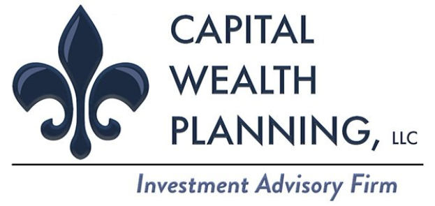 Logo von Capital Wealth Planning, LLC, einem Investmentberatungsunternehmen, das einen blauen Kreis mit weißer Umrandung und ein weißer 'C' in der Mitte zeigt, umgeben von einem weißer Ring mit dem Unternehmensnamen in blau und 'Investment Advisory Firm' in weißer Schrift darunter.