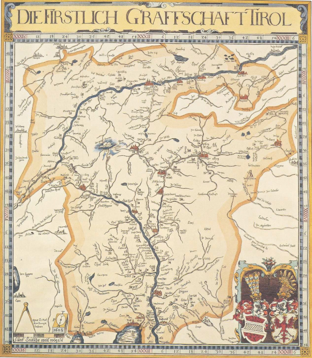 Ein historisches Plakat der ersten Grafschaft Tirol-Karte, die geografische Merkmale wie Flüsse, Berge und Städte zeigt, mit begleitendem Text über die Region.