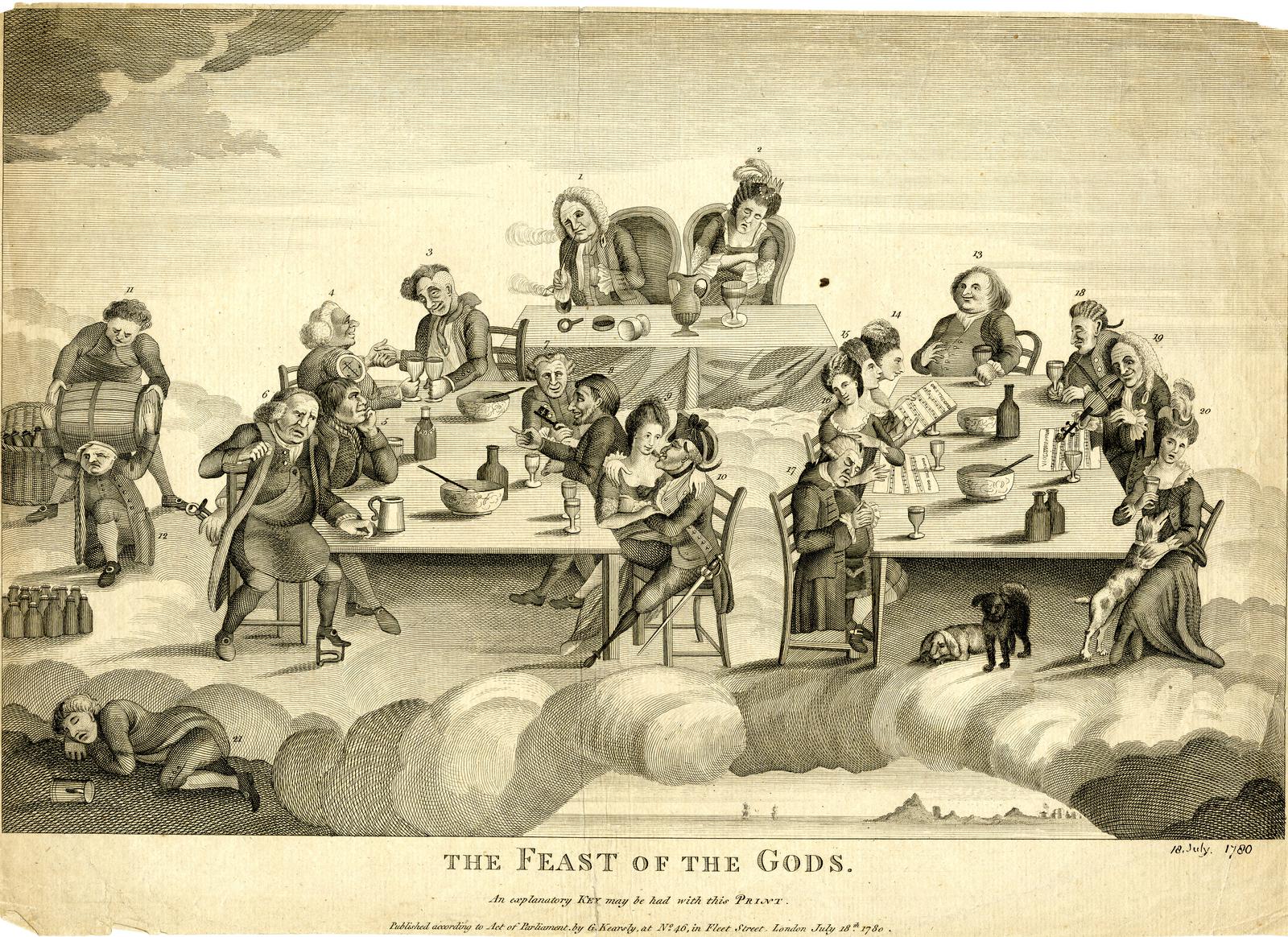 Eine Gruppe von Menschen in traditioneller Kleidung, einige mit Hüten und Capes, sitzt um einen Tisch, der mit verschiedenen Gegenständen gefüllt ist, lacht und lacht, mit dem Text "Das Fest der Götter" unten.