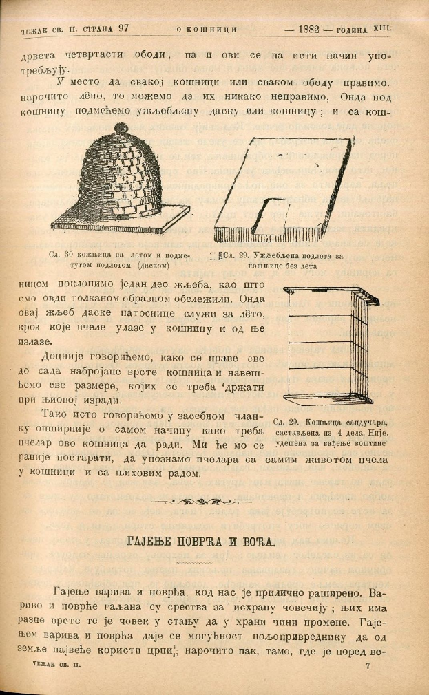 Ein aufgeschlagenes Buch mit einer Zeichnung eines Bienenstocks, begleitet von Text und Bildern, die detaillierte Informationen über Bienenstöcke liefern.