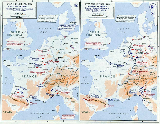 Ein historisches Poster mit einer Karte von Europa während der Schlacht von Leipzig, unterteilt in Abschnitte für Europa und Frankreich, mit nummerierten Regionen und Textbeschriftungen von Städten, Dörfern und geografischen Merkmalen.