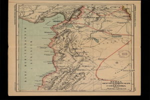 Alte Karte von Syrien auf schwarzem Hintergrund, die das Ausmaß des Konflikts zwischen zwei Ländern zeigt.