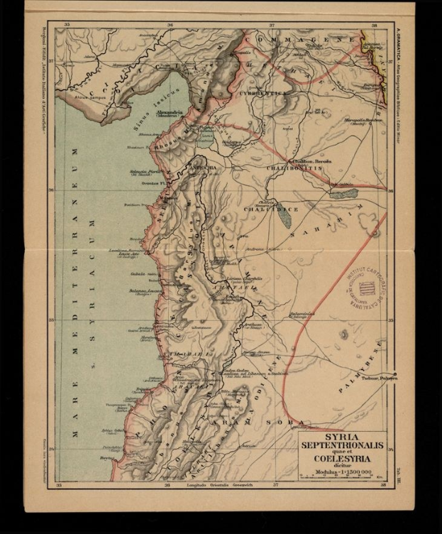 Alte Karte von Syrien auf schwarzem Hintergrund, die das Ausmaß des Konflikts zwischen zwei Ländern zeigt.