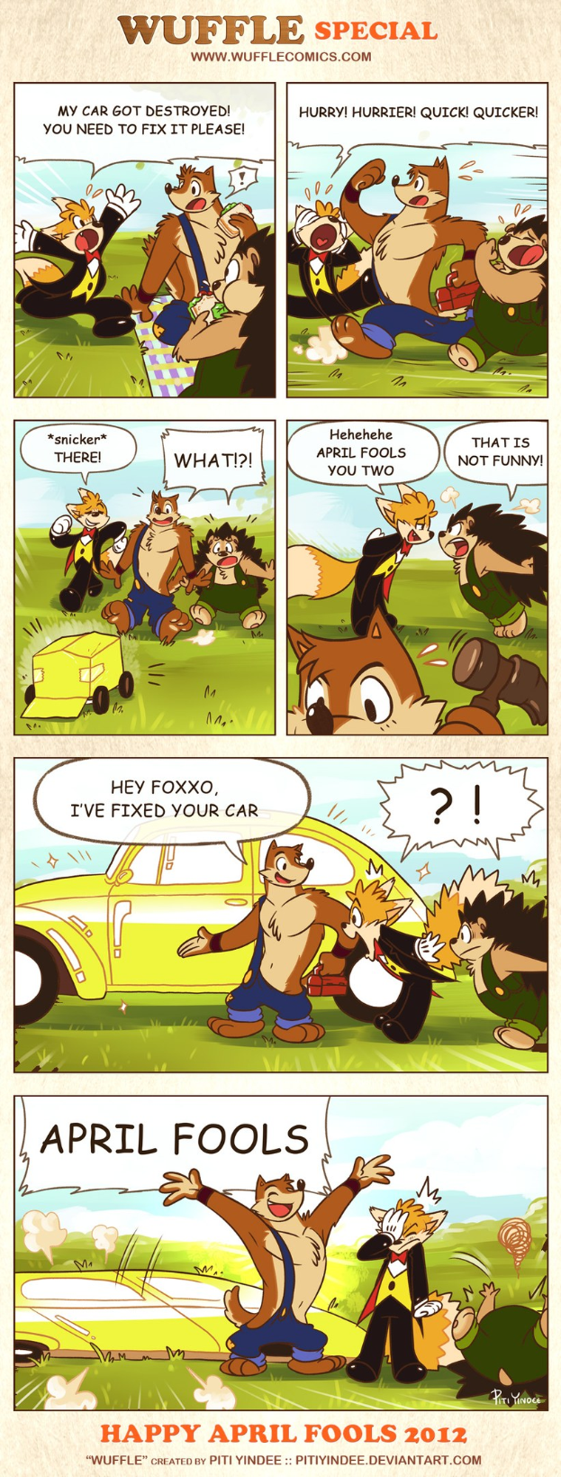 Comicstrip-Plakat mit dem Titel "Aprilscherz", das einen Cartoon-Mann und -Frau in einer Diskussion vor einem hellblauen Himmel mit weißen Wolken zeigt, wobei der Mann mit den Händen gestikuliert.