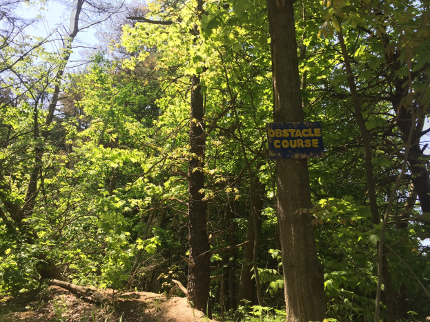 Ein Schotterweg in einem bewaldeten Gebiet, der von einem Schild mit der Aufschrift "Hindernislauf" markiert ist und von Bäumen auf beiden Seiten umgeben ist, mit dem Himmel im Hintergrund.
