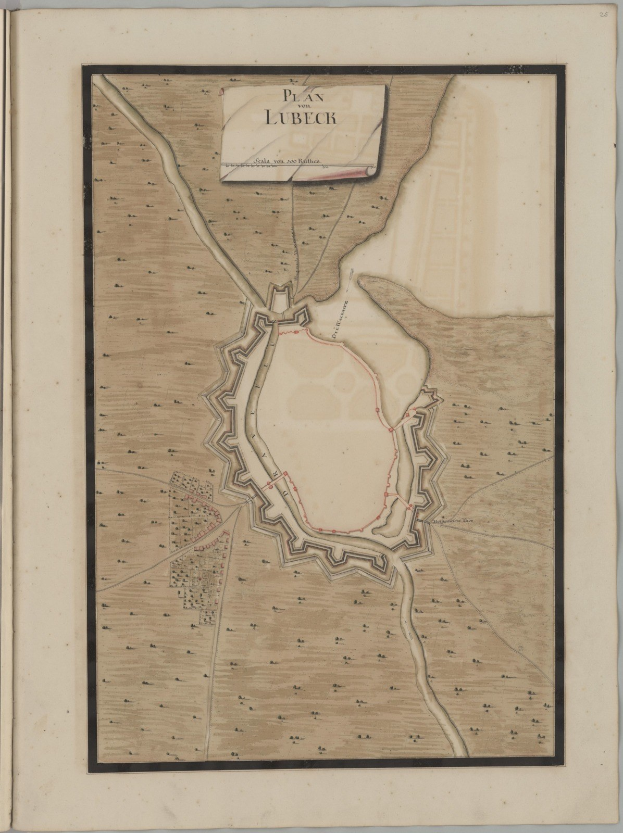Ein altes Buch mit einer detaillierten Karte der Stadt Lübeck, das Straßen, Gebäude und Sehenswürdigkeiten zeigt und von Texten über die Bevölkerung, Geschichte und Kultur der Stadt begleitet wird.