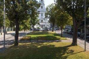 Ein Park mit Bänken und Bäumen, umgeben von Gebäuden, Straßenlaternen, fahrenden Fahrzeugen, Fußgängern auf einem Fußweg, Grills und einem klaren blauen Himmel, mit einem zentralen Baum.