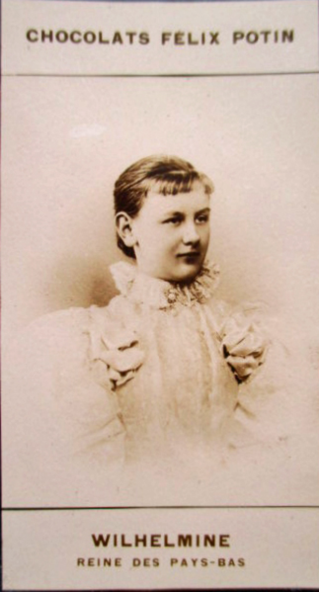 Ein altes Foto einer Frau mit warmem Lächeln, die ein weißes Kleid und einen gemusterten Schal trägt, ihr Haar zu einem Dutt frisiert und direkt in die Kamera blickt, mit der Aufschrift "Wilhelmine" oben und unten.