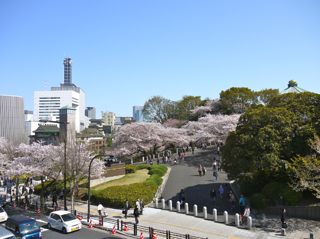 Eine Vogelperspektive einer Straße mit fahrenden Autos, einem Fußweg mit Fußgängern, Absperrgittern, Verkehrssignalmasten, Hecken, Bäumen, Gebäuden und einem Himmel im Hintergrund.