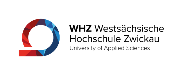 Das Logo der Hochschule für angewandte Wissenschaften zeigt einen blauen Kreis mit einer weißen Umrandung und einen weißen Stern in der Mitte, umgeben von einem weißen Ring mit einem blau-weißen Karomuster, alles vor einem weißen Hintergrund mit der schwarzen, fetten Schrift 'whz westsächsische hochschule zwickau'.