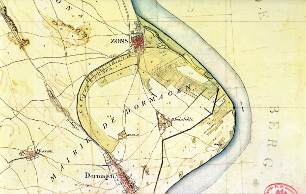Ein detaillierter alter Stadtplan von Dormagen, Deutschland, der Straßen, Gebäude, Sehenswürdigkeiten und Text mit einem Stempel zeigt.