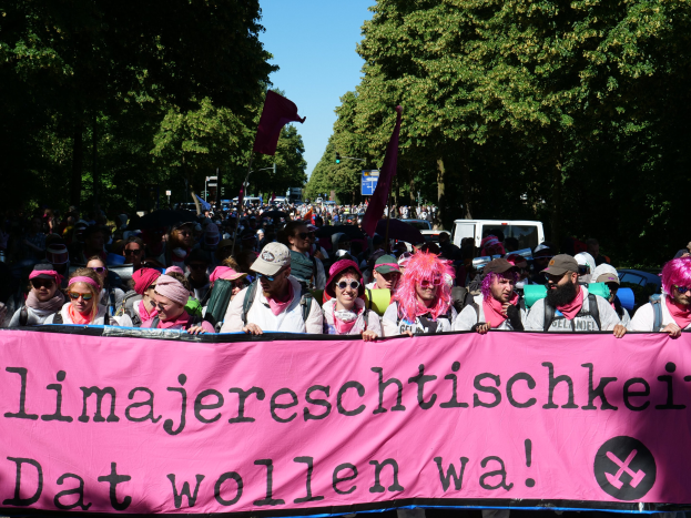 Eine Gruppe von Menschen marschiert die Straße entlang, hölt eine pinkfarbene Banner mit der Aufschrift "Women's March in Berlin", einige tragen Mötzen und Schutzbrillen und andere halten Fahnen, vor dem Hintergrund von Bäumen, Fahrzeugen und Himmel.