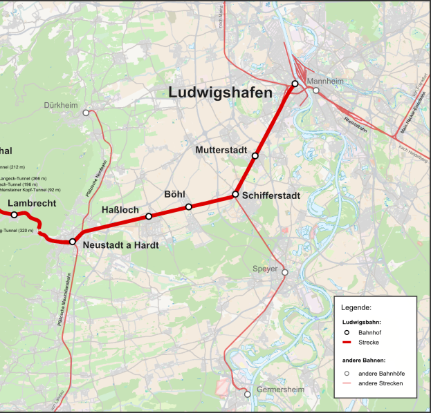 Eine Karte von Ludwigshafen, Deutschland, mit einer roten Linie, die die Bahnroute anzeigt, und Text, der Details zum Zug liefert.