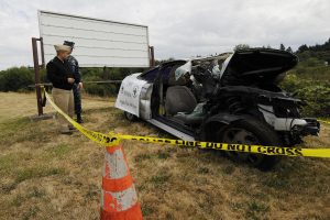 Ein Polizeibeamter in Uniform steht neben einem schwerbeschädigten Auto am Straßenrand mit eingedellter Motorhaube und zersplitterten Fenstern, neben einem Verkehrskegel und einem bandagierten Pfahl, mit Bäumen und einem bewölkten Himmel im Hintergrund.