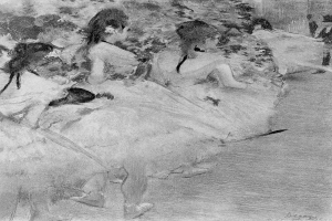 Eine Schwarz-Weiß-Zeichnung einer Gruppe von Tänzern in einem Studio, mit einer Person in der Mitte, die alle bunte Tutus und Spitzenschuhe tragen, vor einem unscharfen Hintergrund mit Text unten.