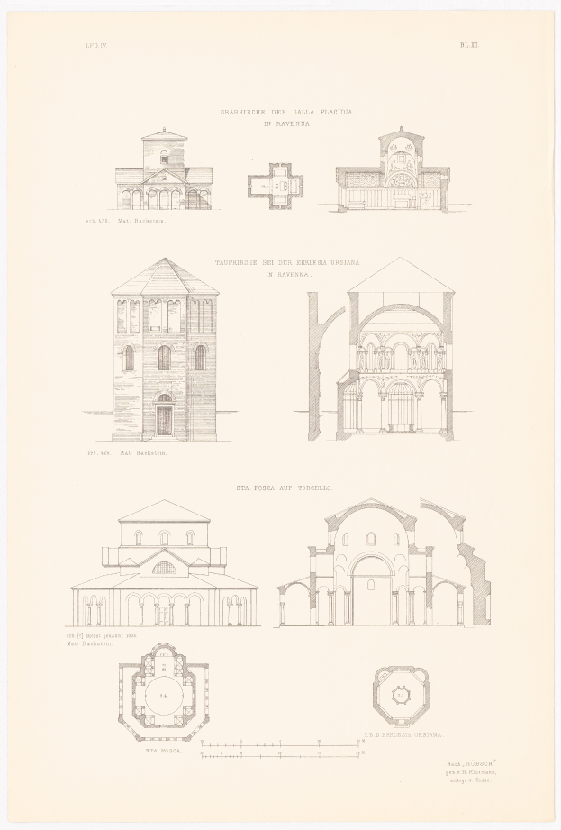 Eine Buchseite mit detaillierten Zeichnungen verschiedener Gebaude mit einzigartigen Architekturstilen, begleitet von beschreibendem Text ueber ihre Geschichte.