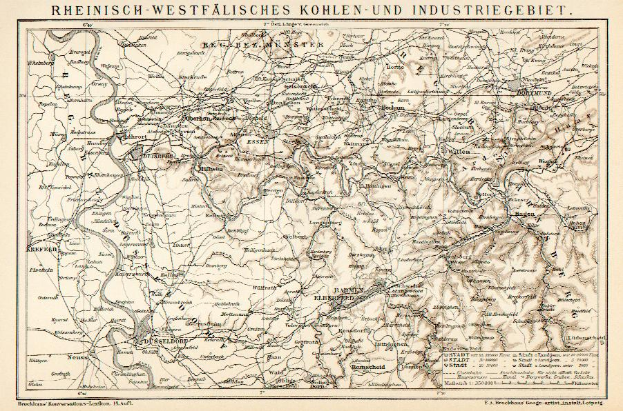 Ein altes Kartenbild des Rheinisch-Westfälischen Kohle- und Industriegebietes, das Flüsse, Berge und Städte mit Text oben und unten zeigt.
