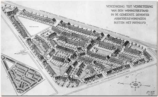 Schwarzes und weißes Architekturplan eines dicht bebauten Gebietes mit einem prominenten zentralen Gebäude, das als 'Rathaus' bezeichnet ist.