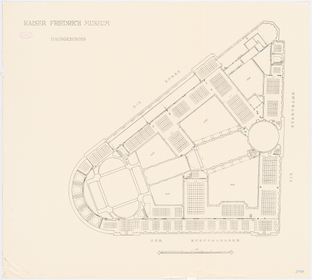 Ein detaillierter Grundriss des Kaiser Friedrich Museums in Dresden, Deutschland, mit Zimmern, Fluren und anderen Merkmalen mit Textbeschriftungen.