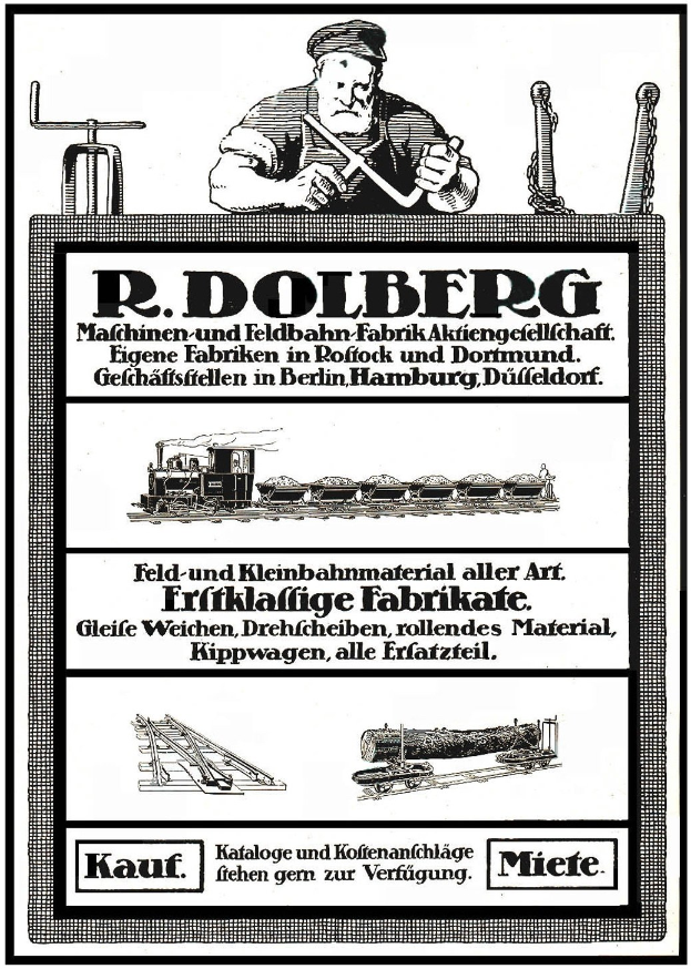 Werbungstafel für die Fabrik von R.D. Dolberg in Hamburg, Deutschland, mit Text, einer Person, einem Zug und anderen Gegenständen.